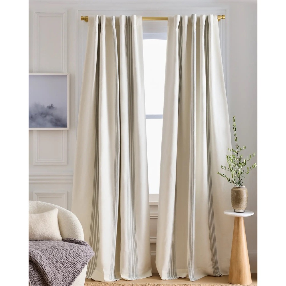 Quince Coastal Stripe Curtain Home Womens Size 48x108 Grey Linen Cotton Blend